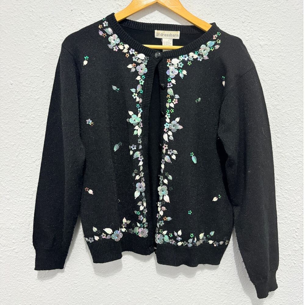 Vintage Sparkly Black Cardigan Floral Appliques Fairy Cottage Whimsygoth